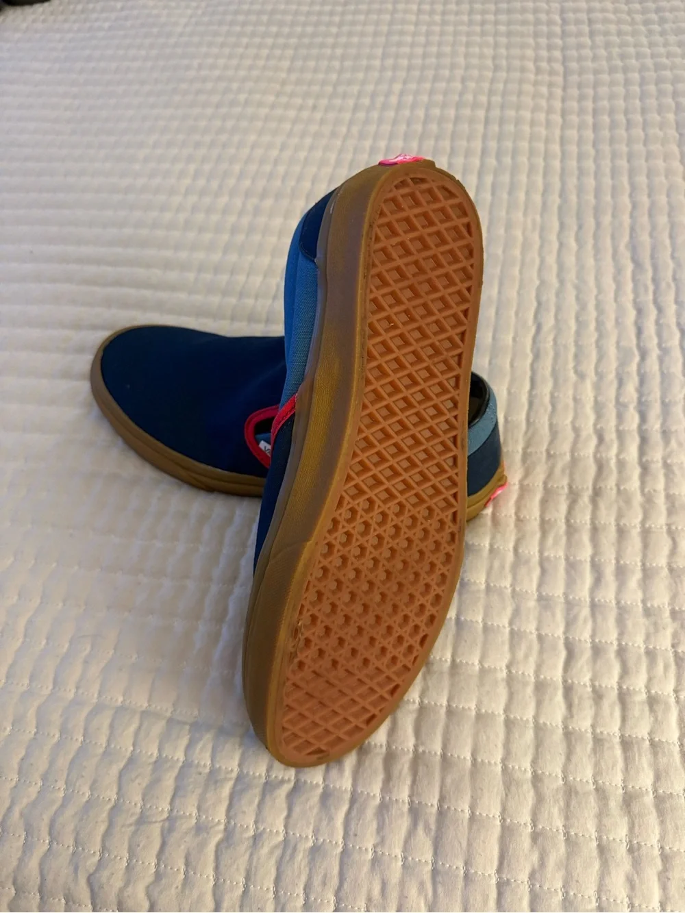 Vans custom Slip-On in Navy and Light Blue with Red Trim and Gum Sole